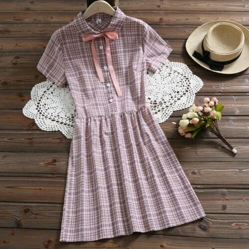 Summer Dresses Women Elegant Plaid Midi Dress Ruffled Bow Short Sleeve Vintage Cotton Linen Casual Dress