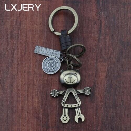 LXJERY Vintage Punk Mechanical Bear Robot Keychain Leather Weave Key Ring For Women Bag Charm Pendant Key Chain Gifts