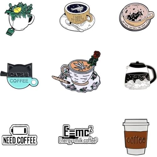 Cartoon Aliens Coffee Cup Enamel Pins spoof physical formula milk coffee energy brooch Backpack Jewelry Gift For Friends Kids