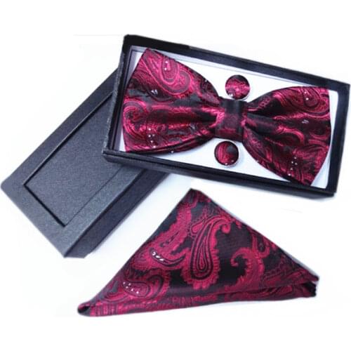 Men bow tie box set wedding gifts for guests 100% silk gold Jacquard pink black red bowtie Handkerchief cufflinks 2019