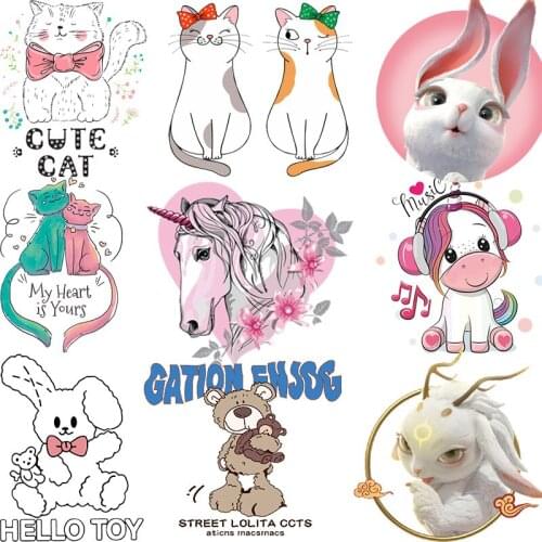 Cat/Rabbit Print Flower Sticker On Clothes Thermal Stickers For T-Shirts Unicorn Animal Patch On Clothing Iron On Transfer Patch