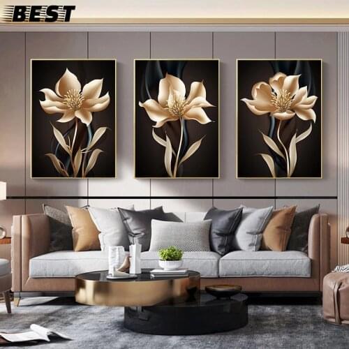 Abstract Black Golden Flower Wall Art Canvas Painting Nordic Posters and Prints Wall Pictures for Living Room Modern Home Decor