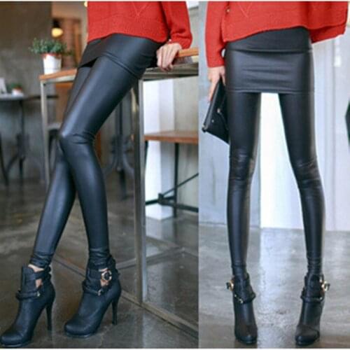 WKOUD New Fashion Leather Skirt Leggings Womens Sexy Pencil Pants Autumn Footless Leggings With Skirts Black Casual Wear LG-468