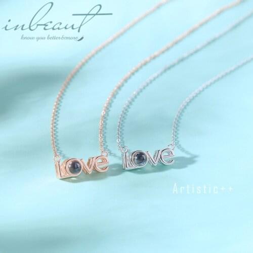 Inbeaut 925 Silver Round Sparkling Moonstone LOVE Shaped Pendant Necklace Female 100 Languages Love You Clavicle Chain for Women