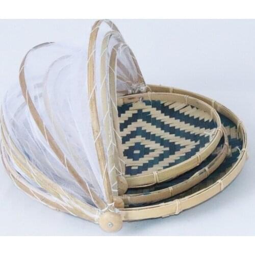 Hand-Woven Tray Tent Basket Fruit Vegetable Bread Storage Container Outdoor Picnic Mesh Net Cover Bamboo Basket