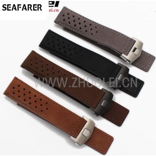 22mm Genuine Leather Strap Men Top Grade Brown Genuine Leather Watch Band Strap Bracelets Black Deployment Buckle For Watchband