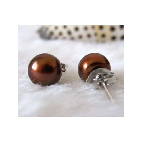 Genuine 7-8mm Brown Freshwater Pearl Sterling Silver Stud Earrings