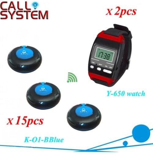 Waiter service bell system 2pcs Y-650 watch pager with 15pcs table button for cutsomer use restaurant equipment