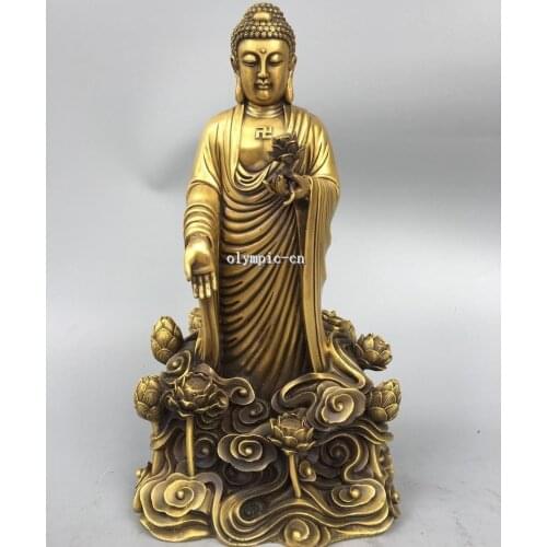 15'' Brass carved Lotus buddhism tathagata Shakyamuni Gautama Buddha statue