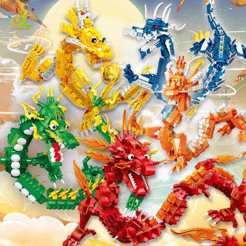 HUIQIBAO Chinese Myths Dragon Model Building Blocks City Creative Ninja Fairy dragon Bricks Educational Toys For Children Boys