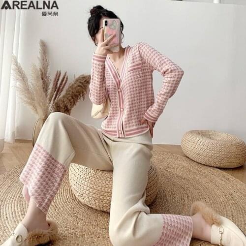 Sweater Set Women Tracksuit Autumn Knitted Suits 2 Piece Set Korean V-neck Houndstooth Splice Cardigan Sweater Wide Legs Pants