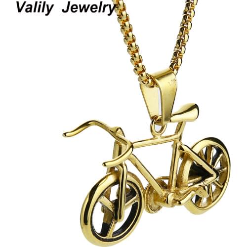Valily Jewelry Gold Color Bicycle Pendant Necklace For Men/Women Stainless Steel Bike Pendant Rock Sport Jewelry Long Necklaces