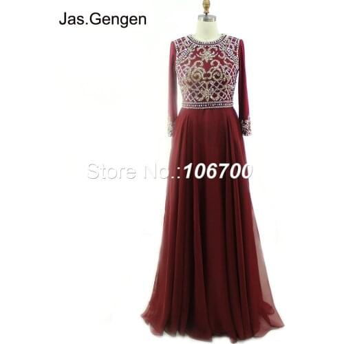 Arabic Style Long Sleeves Burgendy Evening Dresses Round Neck Hand Made Crystal Silver Gold Beading Chiffon Long Prom Gowns