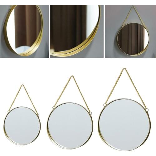 Hairdressing Gold Makeup Mirrors Nordic Round Wall Hanging Mirror w/ Chain Bedroom Gold Frame Home Bathroom Decor