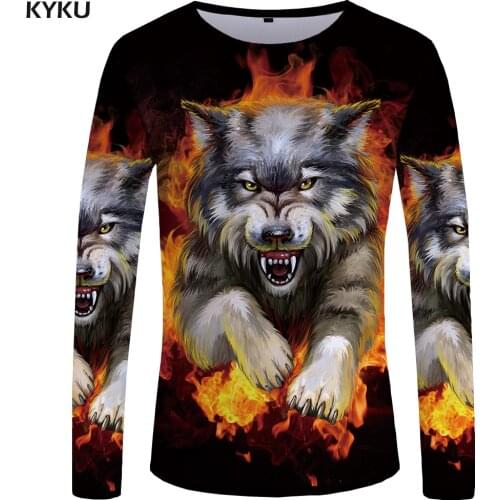 KYKU Wolf Long sleeve T shirt Flame Clothing T shirts Tops Tees 3d T-shirt Clothes Women Print Sexy 2017 XXL
