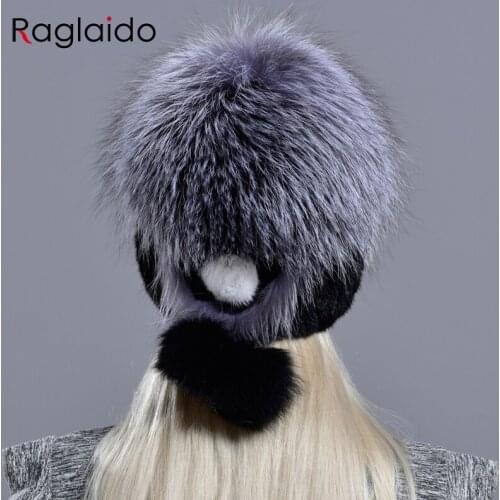 Natural Fur Hat Women Winter Knitted Mink Black Hats White Flower Fox Pompom Stylish Warm Fashion Girls Real Fur Hats