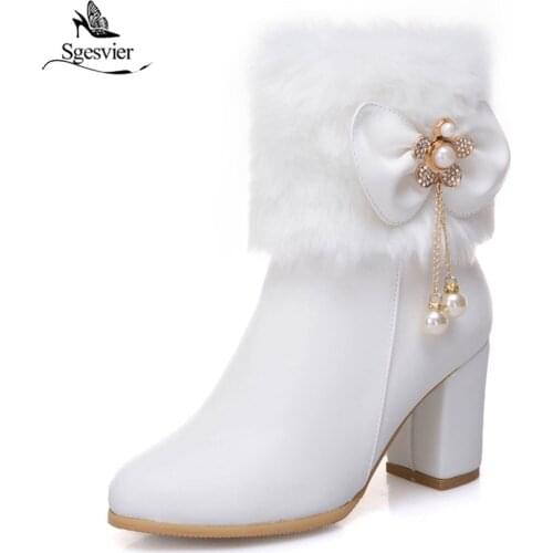 Sgesvier Women Thick High Heel Side Zipper Ankle Boots Round Toe Winter Shoes Black White Short Boots Plus Size 33-52 B874