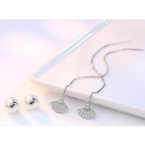 Womens Fashion Cute Romantic Long Chain Box Tassel Drop Earrings Crystal Paved Fan Pearl Soft Dangle Earring Piercing Jewelry