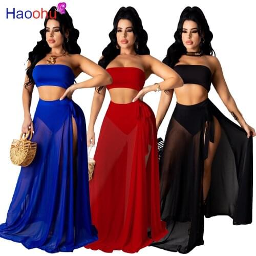 HAOOHU Swimwear 3 Piece Beach Outfit for Women Sexy Off Shoulder Strapless Crop Top+triangle Shorts+mesh Side Split Maxi Skirt