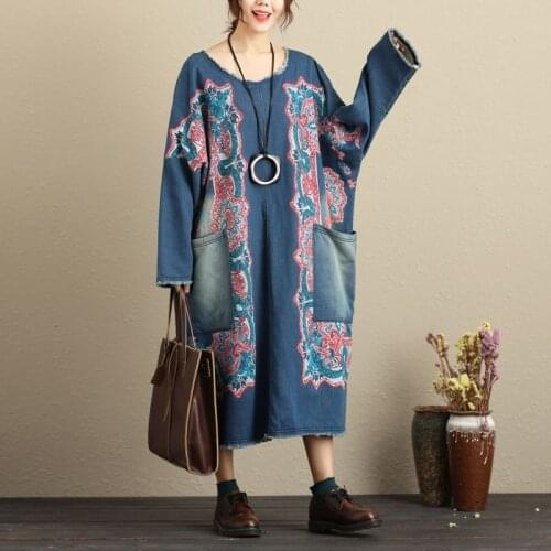Retro Women Denim Dress 2021 New Autumn Large Size Loose Casual Dress Ladies Print Pocket All-Match Vintage Robe Dress 12100