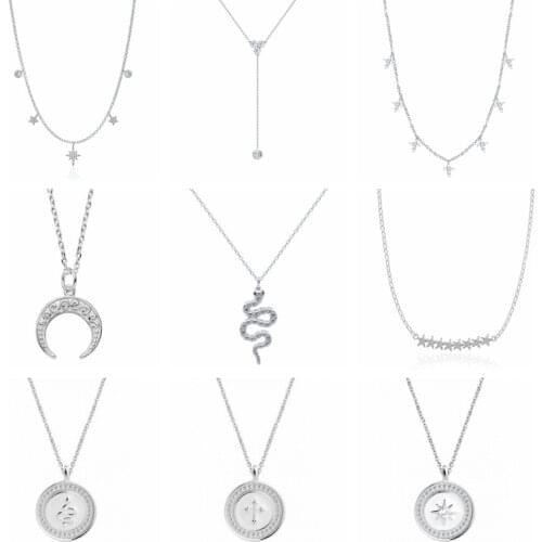 GS 925 Sterling Silver Delicate Snake Animal Pendant Necklace For Women Cross Star Charm Chain Clavicle Choker Collar Jewelry