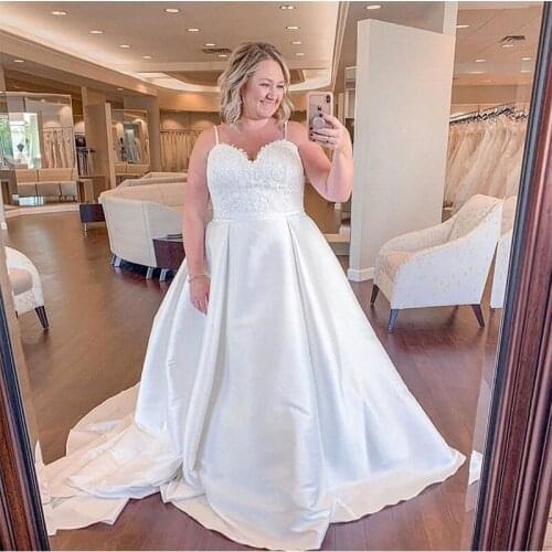 Spaghetti Straps Plus Size Wedding Dresses A-line Sweetheart Neckline Satin Bridal Gowns White Ivory Custom Made Wedding Gowns