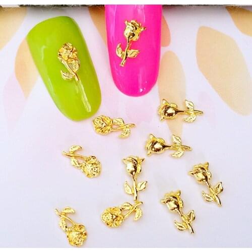 10Pcs/Lot 5*9mm 4*8mm Gold Silver Rose Flower 3D Metal Alloy Nail Art Decorations Nail Gel Sticker Charms for Women DIY Tools
