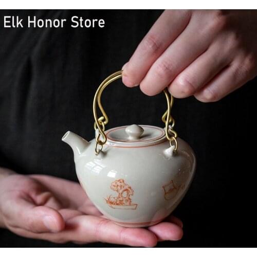 200ml Plant Ash Glazed Teapot Handmade Copper Loop-handled Teapot Japanese Style Ceramic Teakettle Kung Fu Tea Office Decoration