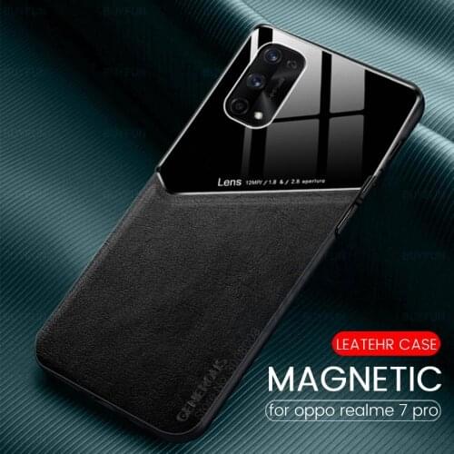 For realmi 7 pro case leather texture pixleglass car magnetic holder covers for realme 7 pro realme7 realme7pro shockproof coque