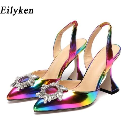EilyKen New Design Crystal Diamond Sun-Flower Women Pointed Toe Pumps Sandals Fashion Rainbow Color Strange Cup High Heels