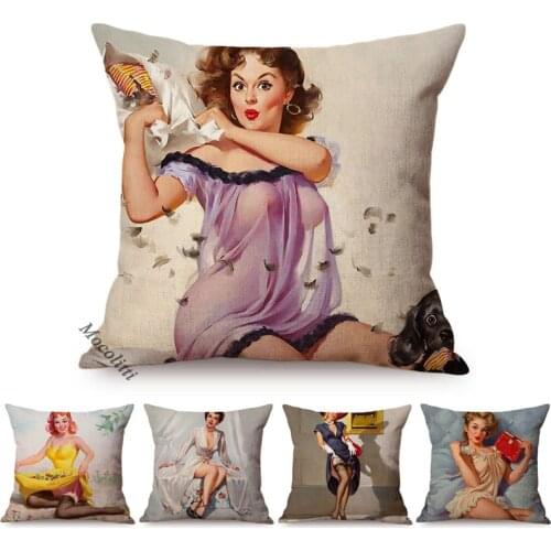 Europe Fashion Sexy Woman Hand Painted Decorative Pillow Cover Elegant Lady Vintage Poster Art Home Decor Bar Sofa Cushion Cover