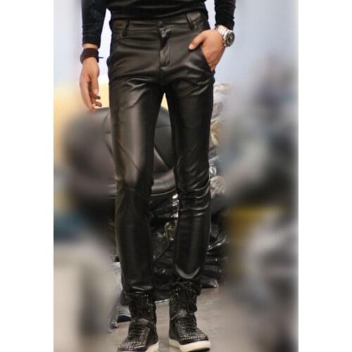 Hot ! Mens Fashion Casual All-match Classic Autumn Winter Trend Of The Patchwork Pu Tight-fitting Leather Pants Trousers /28-33