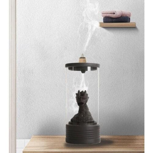 Purple Sand Ceramic Dragon Design Incense Waterfall Backflow Incense Burner Holder with Acrylic Cover Home Ornament Table Decor