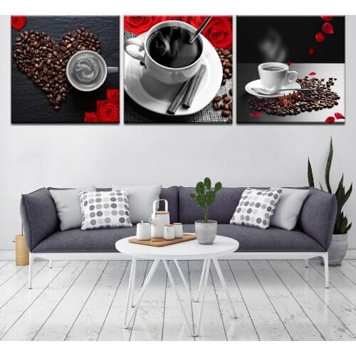 Coffee coffee beans red rose modern Modular 3 panel wall Poster Nordic Canvas painting for Living Room Home Decor