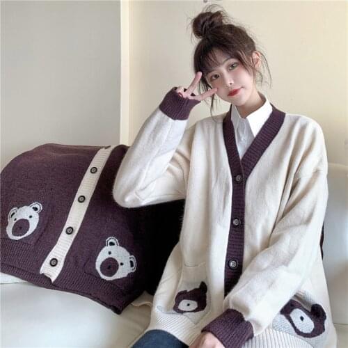 Korean Autumn Winter New Sweaters Vintage Sweety V-Neck Kawaii Cartoons Bear Pocket Cardigan Full Sleeve Cute Knitting Sweater
