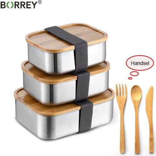 BORREY Stainless Steel Bento Box With Wooden Lid Japanese Bento Box Food Container Storage Metal Bento Box Steamed Lunch Box