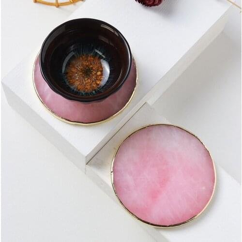 1pc Natural Rose Quartz Coffee Tea Cup Serving Platter Kitchen Decorations Powder Crystal Round Coaster Gold Trims Handicraft