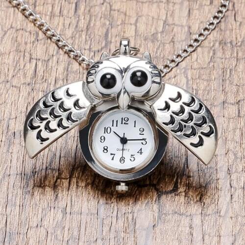 Night Owl Pendant Mini Small Quartz Pocket Watch Cute Loverly Silver Vintage Women Lady Girl Necklace Pendant Birthday Gift