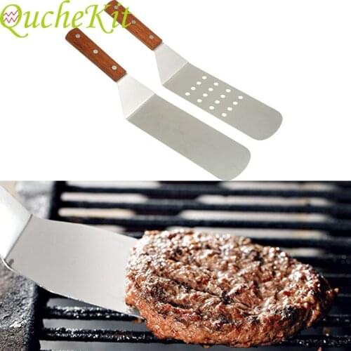 Stainless Steel Cooking Spatula With Wooden Handle BBQ Grill Turner Cutlets Bacon Teppanyaki Pancake Frying Fish Shovel Spatula