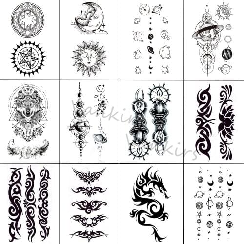 Small Tribal Temporary Tattoo Small For Adults Girls Realistic Planet Dragon Wolf Pray Fake Tattoo Sticker Body Tatoos Arm Totem