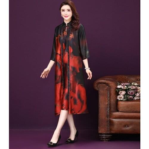 Two Pieces Fashion Spring Autumn Women Middle Aged Mother Set Silk Dress Loose Plus Size Vintage Vestidos Elegantes Dresse
