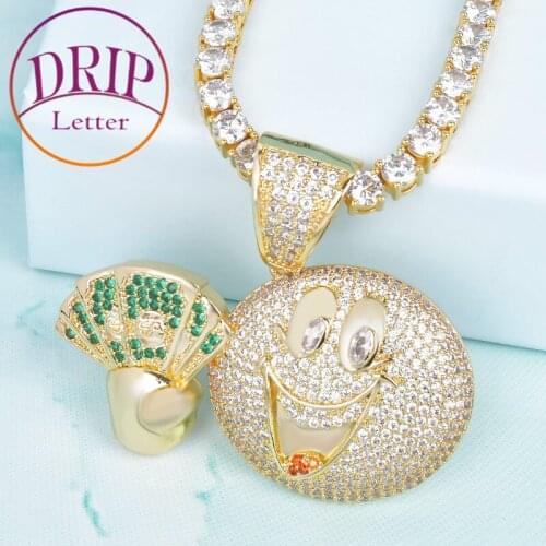 Gold Color Money Dollar Happy Face Pendant Necklace 3mm Rope Chain Bling Cubic Zircon Mens Hip Hop Rock Jewelry