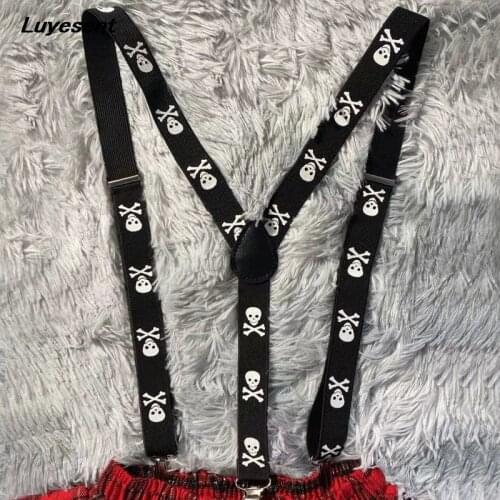 Women Skull Black Gothic Suspenders Unisex Y Back Elastic Leather 3 Clips Punk Braces Men Cool Basic Star Heart Rock Streetwear