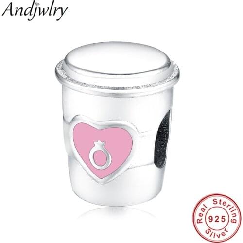Fit Original Charms Bracelet 925 Sterling Silver Charms Heart Pink Enamel Coffee Cup Beads Making Berloque DIY Jewelry