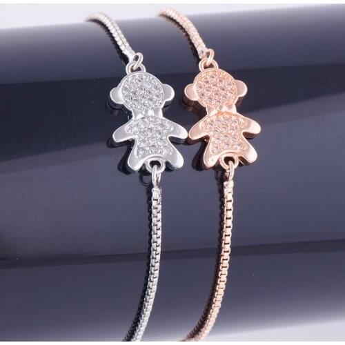 Russian Popular Jewelry Copper Zircon Kids Boy Figure Charm Gold Slide Chain DIY Bracelet For Women Best Gifts Pulseras