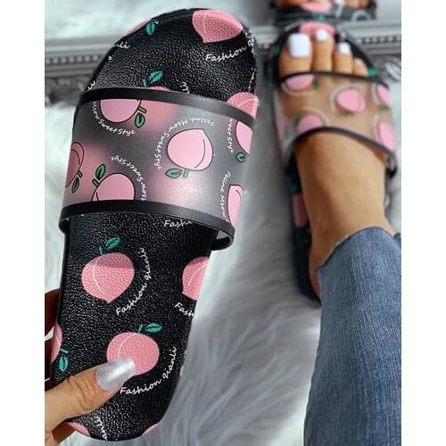 Women Summer Sandals Cute Fruit Print Outdoor Slippers Beach Thick Soft Sole Platform Flats Slides Fashion Ladies Shoes Black