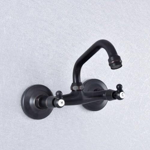 Kitchen Wet Bar Bathroom Vessel Sink Faucet Black Oil Rubbed Brass Wall Mounted Swivel Spout Mixer Tap Dual Handles msf734