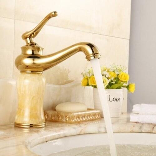 European Style Golden Jade Basin Faucet Copper Body Lamp Retro Style Sink Hot Cold Water Single Handle Bathroom Bathroom Faucets