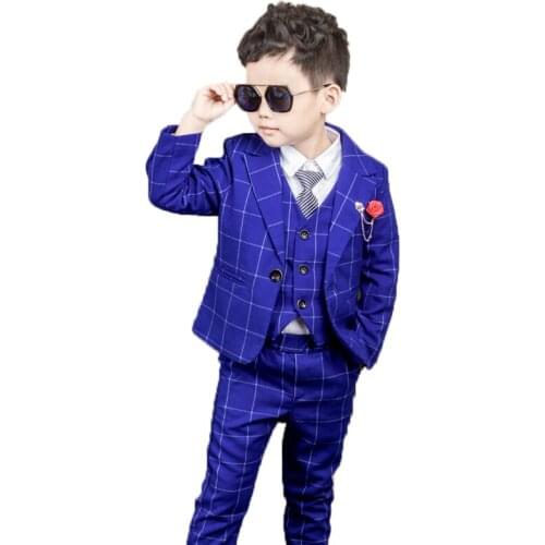 Flower Boys Formal Plaid Wedding Suit Kids graduation Blazer+Pants+Waistcoat+Tie Baby Birthday Prom Piano Party Dance Costume