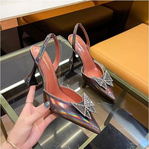 Custom French Crystal Heel Womens Shoes Spring 2021 Rhinestone Bow Pointed Toe Toe Transparent Stiletto Sandals
